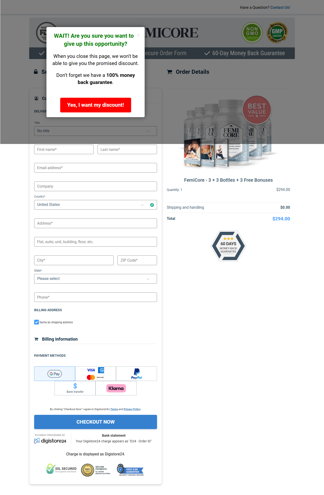 FemiCore Payment Screen